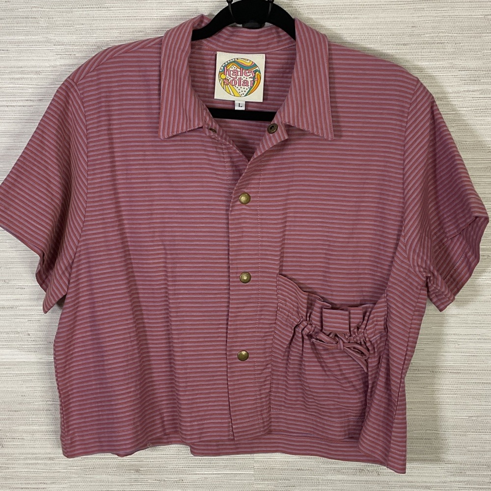 Haley Solar Made in LA Striped Snap Up CROPPED Pocket Front Top Lavendar Pink Lg